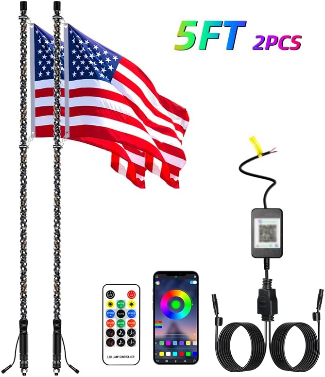 S7 2PCS 5FT Whip Lights, LED Whip Light with App & Remote Control, Spiral RGB Chasing Lighted Antenna Whips,Whip Light for UTV ATV RZR SXS Can-Am Dune Buggy Offroad Truck (5ft) - Image 1